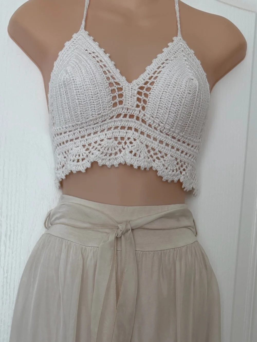 White Crochet Halter Top Boho Festival Lace Bralette Tie Back, Size S